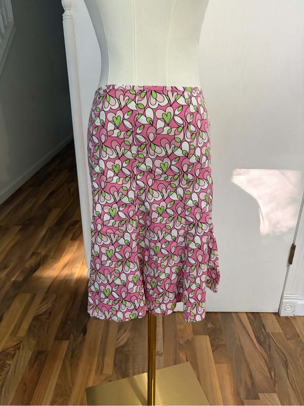 Y2K Pink Abstract Hearts Flippy Skirt with Green / White Accents, 5 / Small, EUC